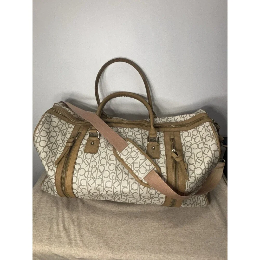 Calvin Klein Travel Weekender Duffle Bag All Over Logo Eggshell Beige Large 21”